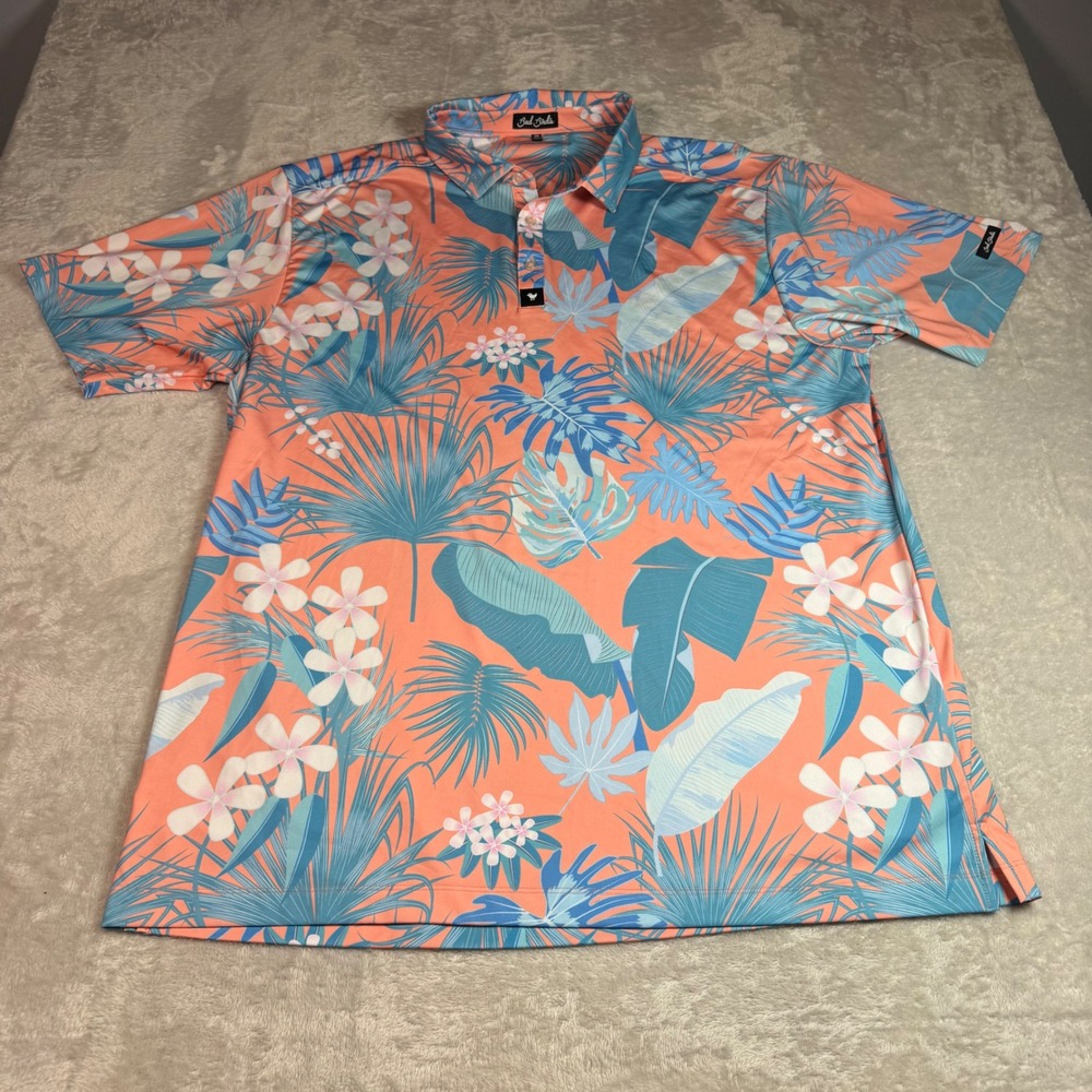 Bad Birdie Mens 3XL Coral Blue Tropical Print Performance Golf Polo Shirt